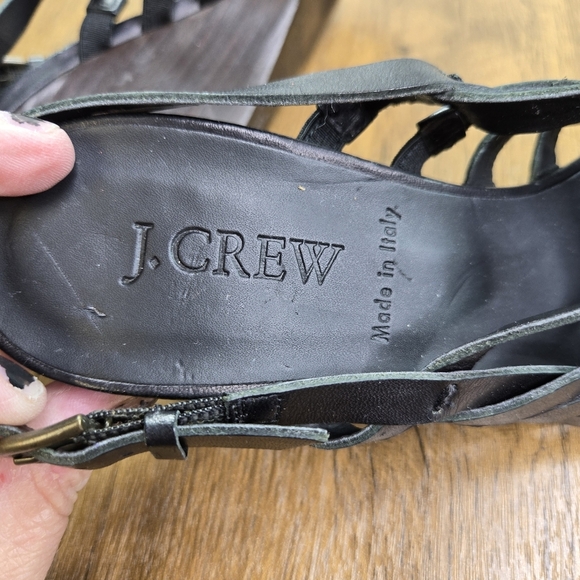 J. Crew Black Leather Strappy Wedge Sandals Italy - Picture 6 of 13